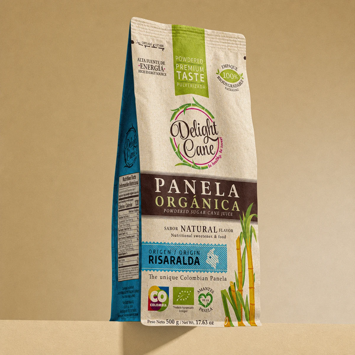 Packaging de panela orgánica Delight Cane para mercados internacionales.